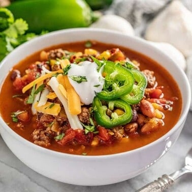 Taco soup in white bowl