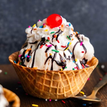 5 minute ice cream in a waffle cone with toppings.