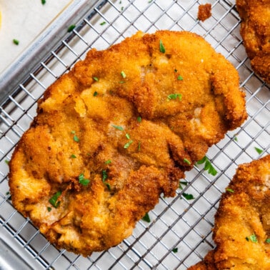 An overhead birdseye view of pork schnitzel draining on a cooling rack.