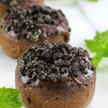 Close up of Baked Mint Chocolate Donuts.