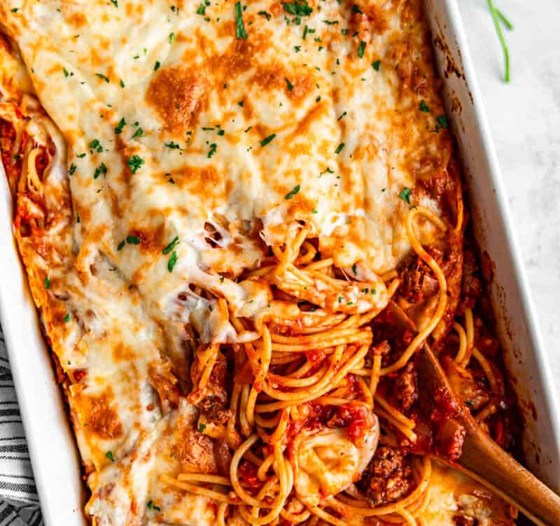 An overhead birds-eye view of a pan of baked spaghetti.