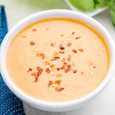 Overhead view of bang bang sauce in a small bowl.