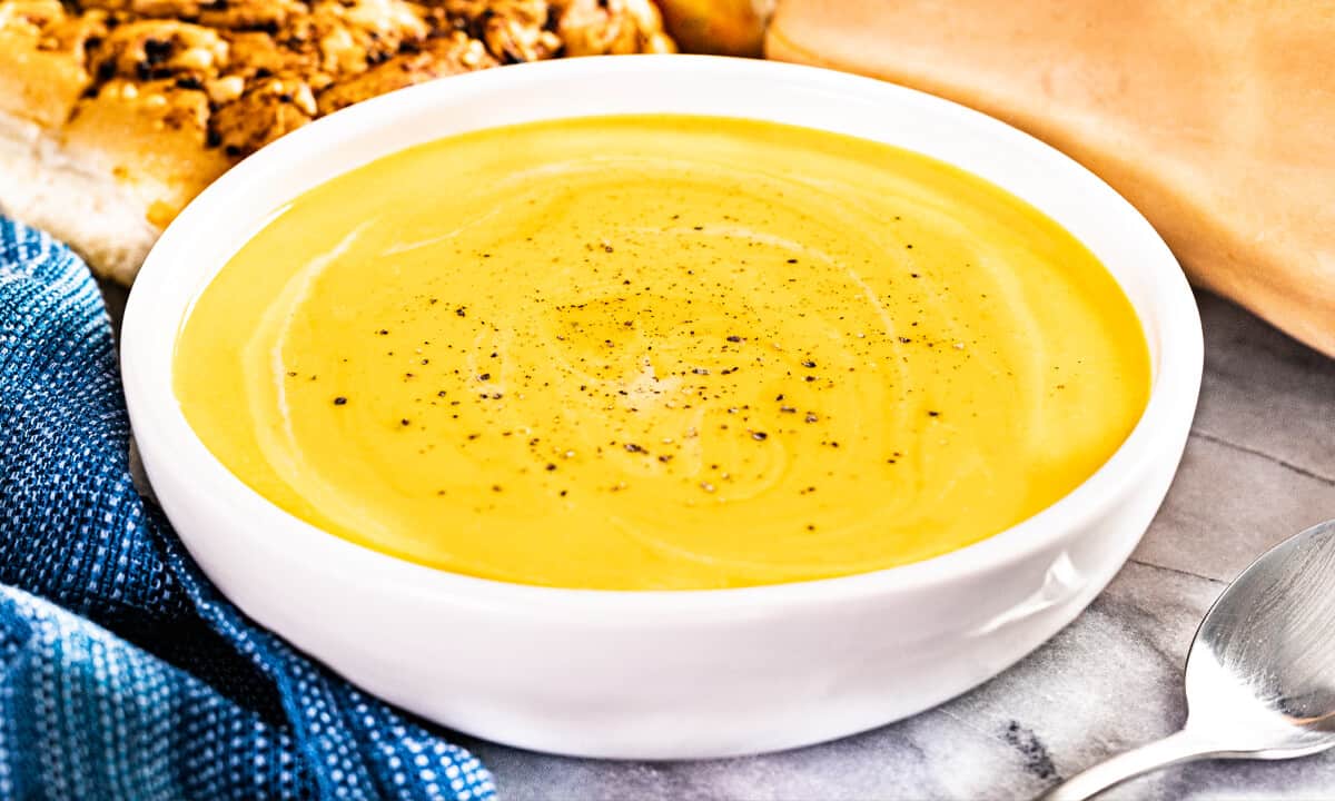 A large bowl of butternut squash soup.