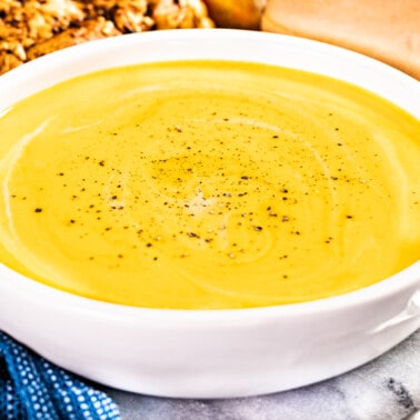 A large bowl of butternut squash soup.