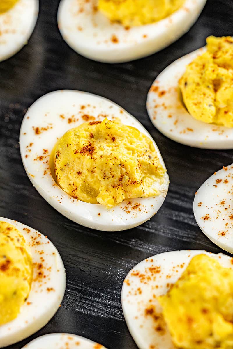 Close up view of deviled eggs.