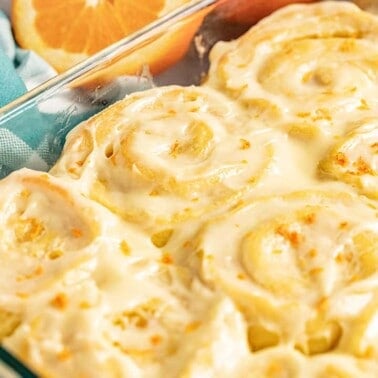 a pan of homemade orange rolls