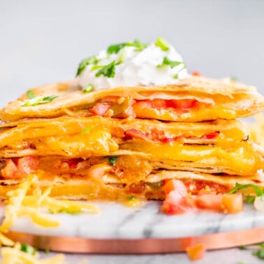 Close up view of a cheese quesadilla.