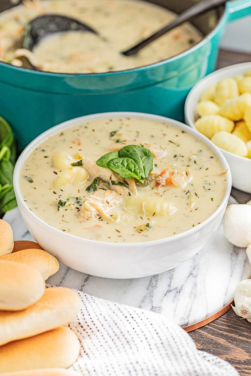 A bowl of chicken gnocchi soup.