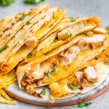 Chicken quesadillas cut into slices.