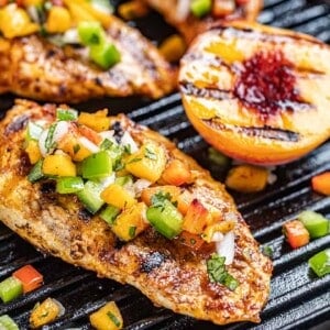 Chipotle peach glazed grilled chicken breast.