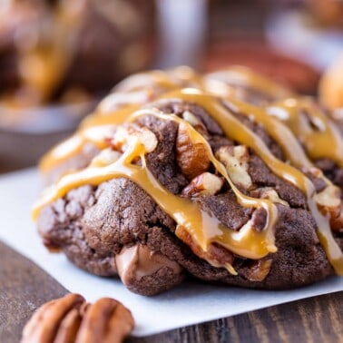 Chocolate Turle cookie on a napkin.