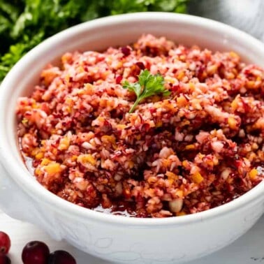 Cranberry relish in a white bowl.