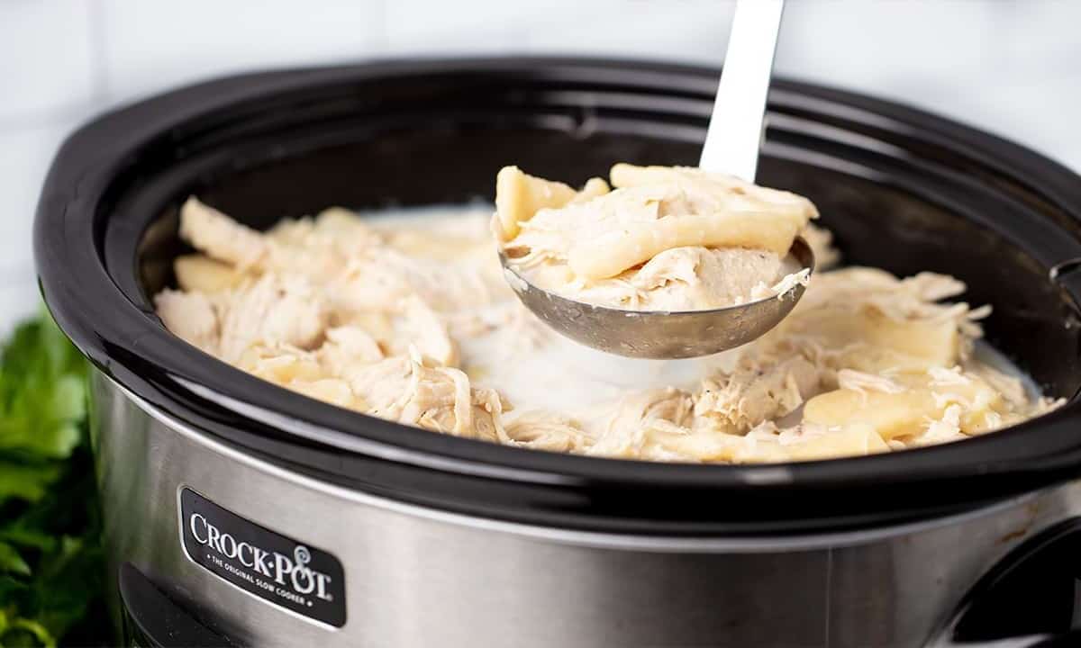 Three-quarter view of slow cooker with a full ladle of chicken and dumplings.