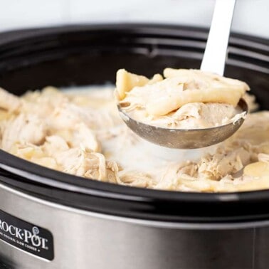 Three-quarter view of slow cooker with a full ladle of chicken and dumplings.