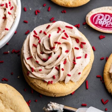 An overhead view of a Dr. Pepper frosted cookie.