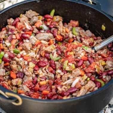 Chili made in a cast iron Dutch Oven