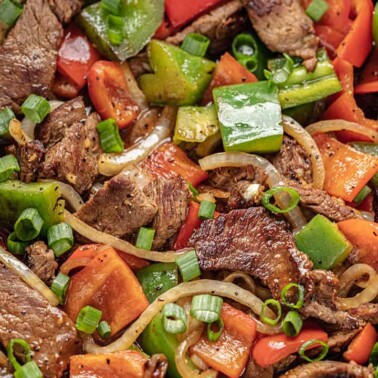 Chinese pepper steak in a wok