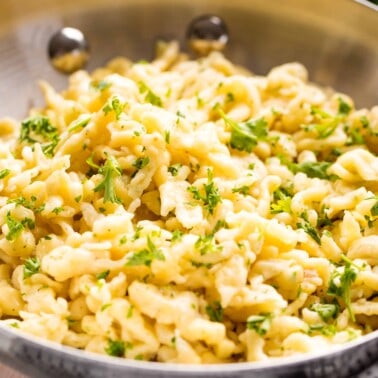 German spaetzle in a stainless steel skillet