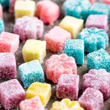 Close up of Homemade Gumdrops on a baking sheet.