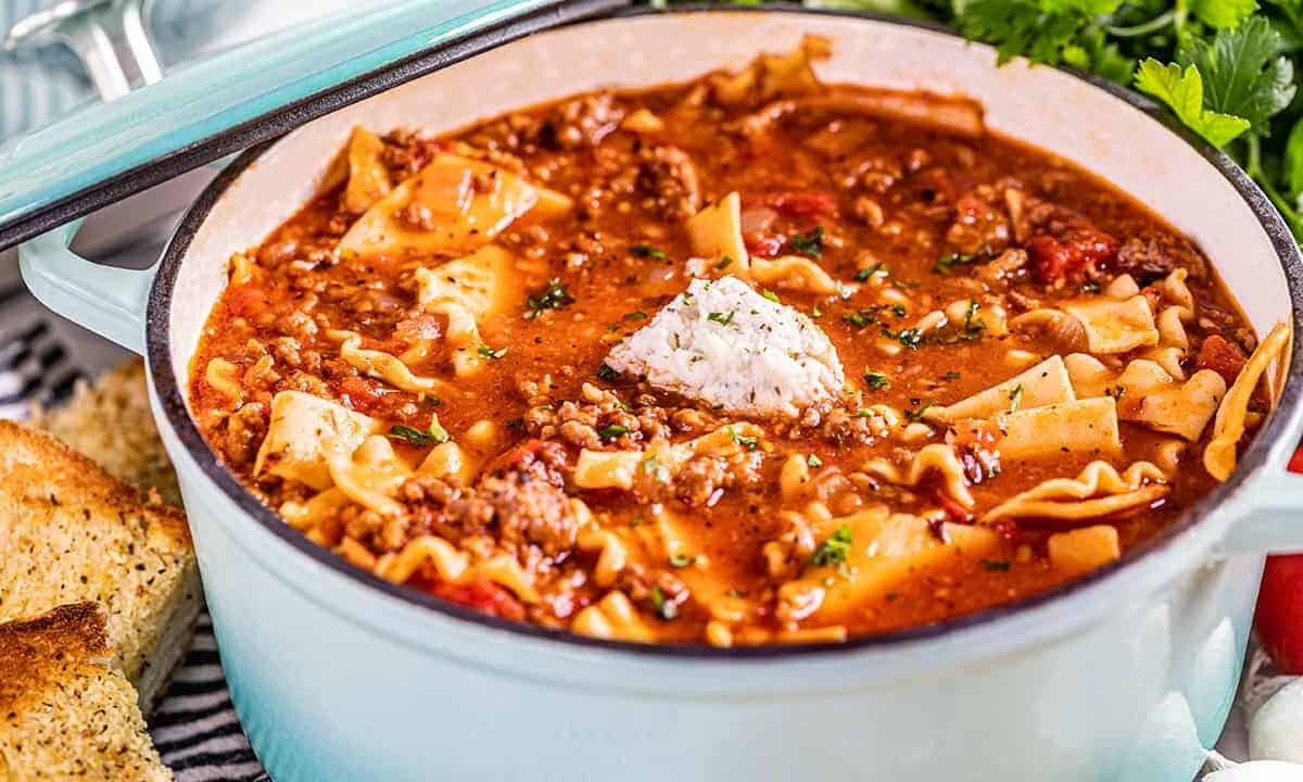 A large stockpot filled with homemade lasagna soup.