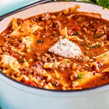 A large stockpot filled with homemade lasagna soup.