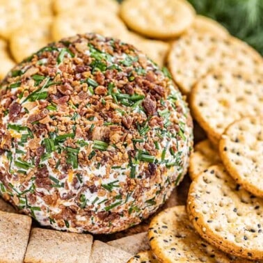 Close up view of a cheeseball with crackers.