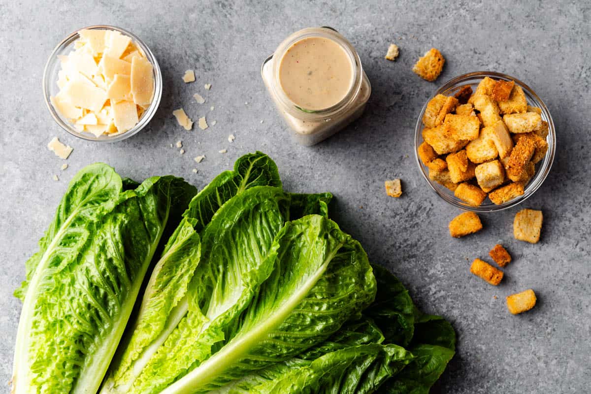 The ingredients for a classic caesar salad.