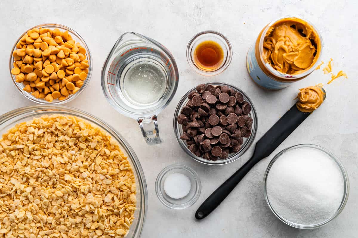 An overhead birdseye view of the ingredients needed to make scotcharoos. 