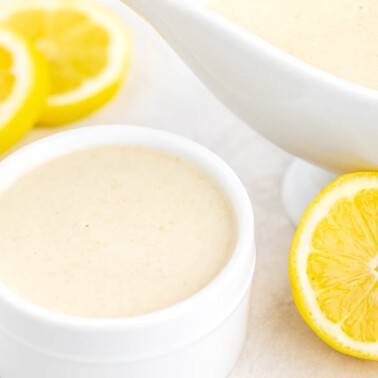 Lemon cream sauce in a small dish.