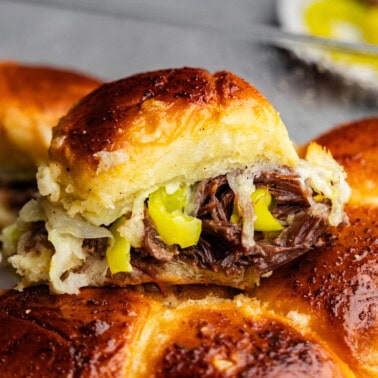 A pan of Mississippi Pot Roast Sliders.