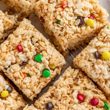 Overhead view of M&M Rice Krispie treats.