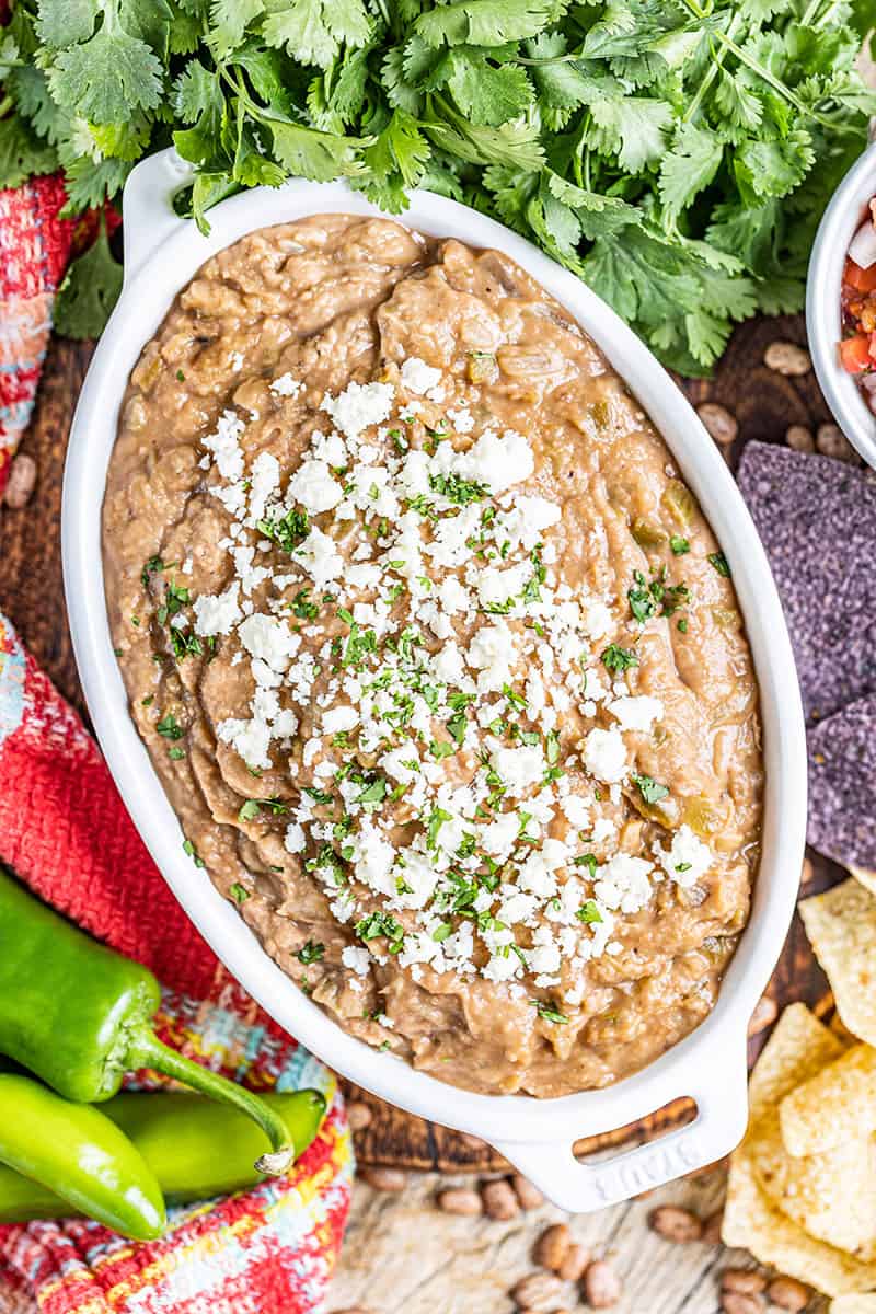 overhead view of a baking dish filled with bean dip.