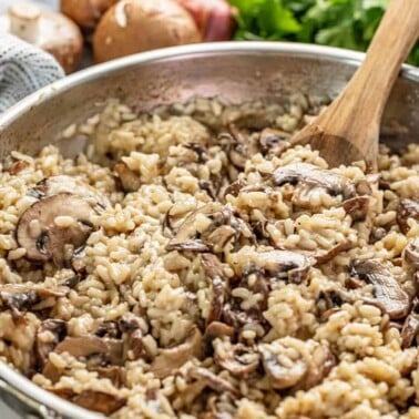 Mushroom risotto in a skillet