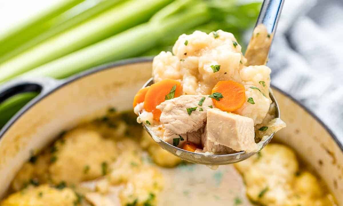 A spoon of old fashioned chicken and dumplings