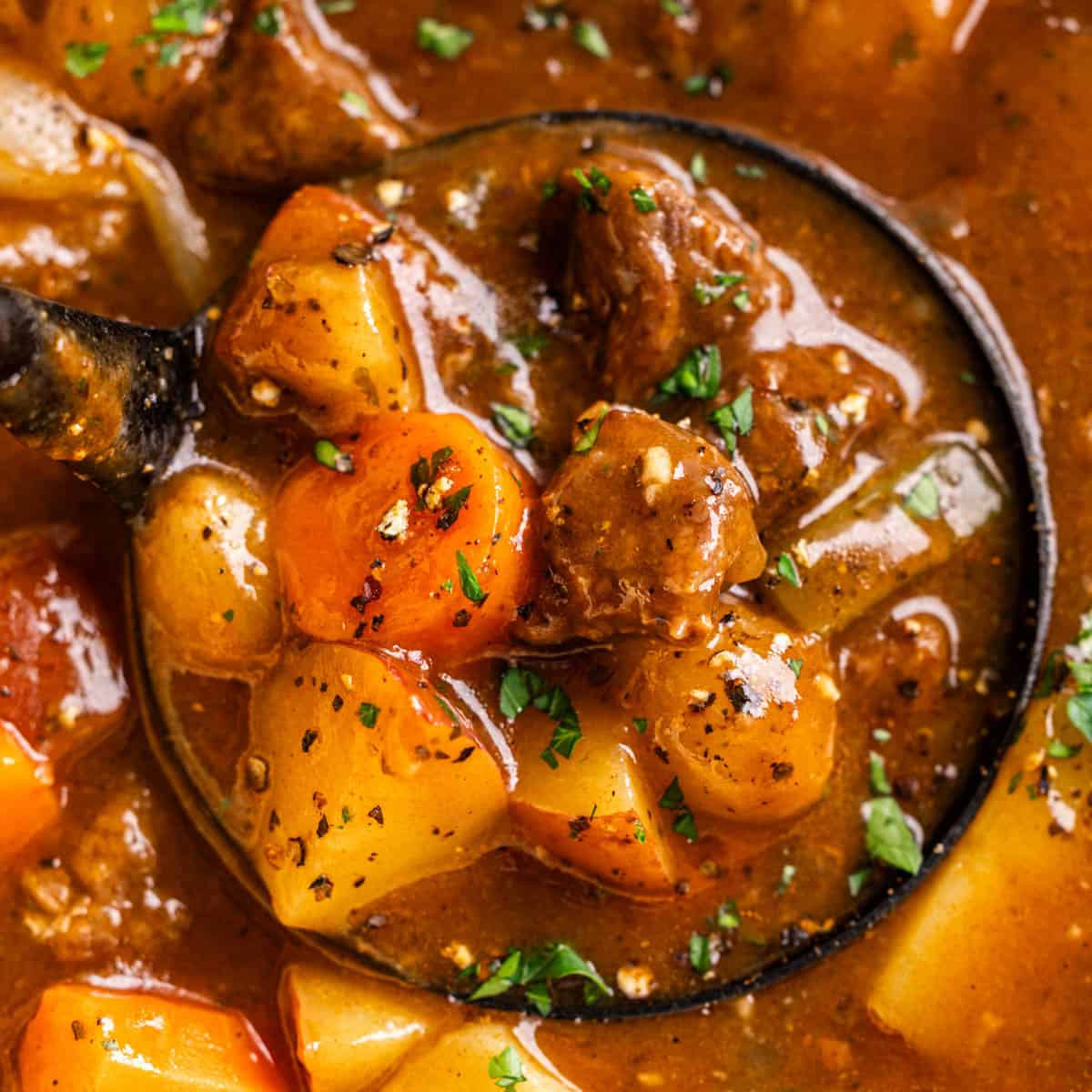 Beef stew in a ladle.