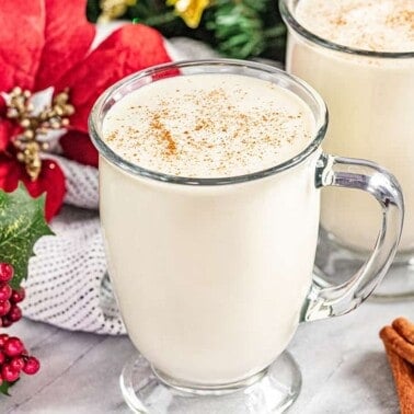 Glass mugs filled with homemade eggnog