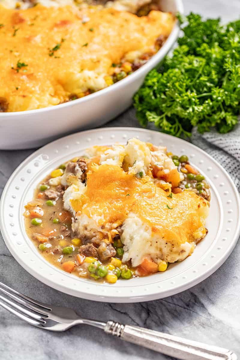 A plate of Old Fashioned Shepherd's Pie topped with melted cheese