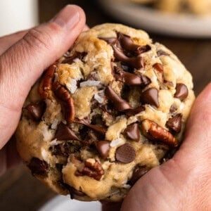 A cowboy cookie being broken in half.