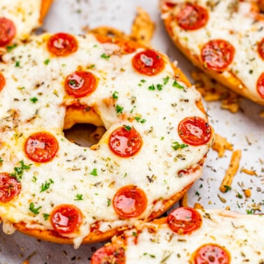 Close up view of pizza bagels.