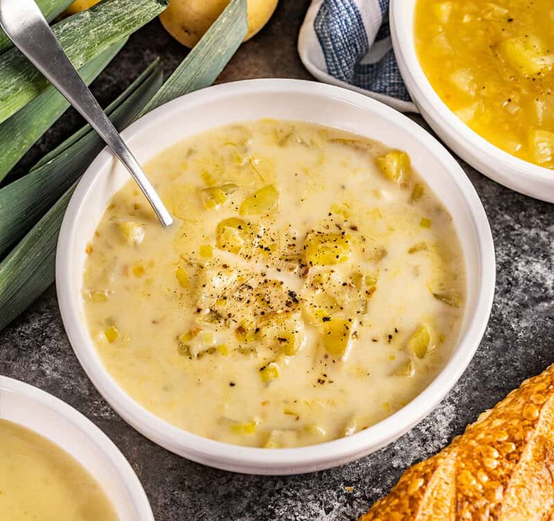 A bowl of potato leek soup.