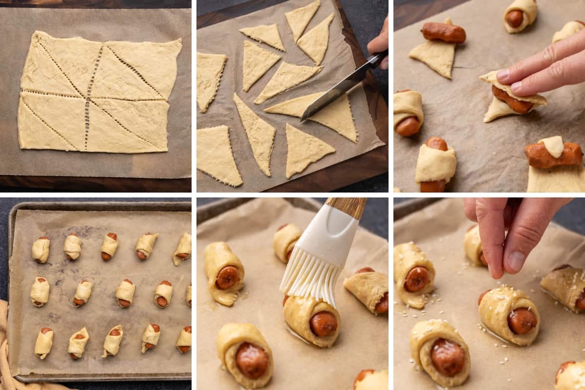 Process shots to show how to make pigs in a blanket from start to finish.