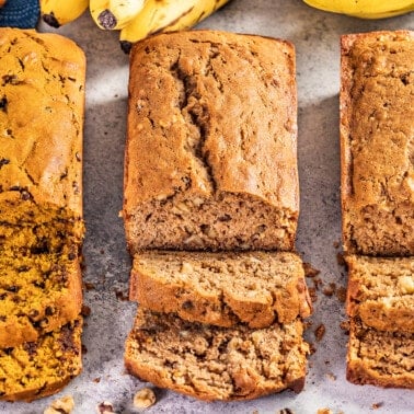 Banana bread, pumpkin bread, and apple quick bread.