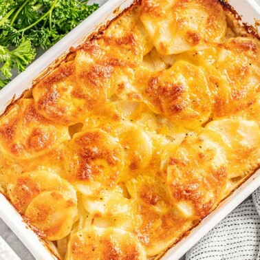 Bird's eye view Cheesy Scalloped Potatoes in a white baking dish.