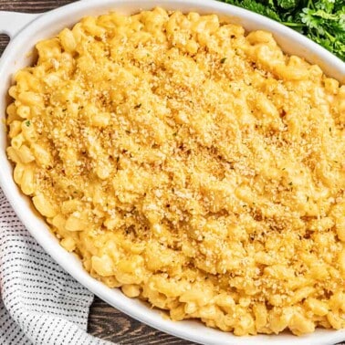 A baking dish filled with macaroni and cheese.