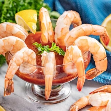 Shrimp cocktail in a glass.