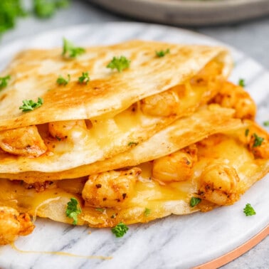 Close up view of shrimp quesadillas.