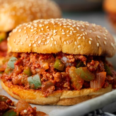 Close up view of sloppy Joes on a baking sheet.