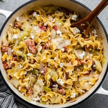 A top shot of a pot filled with Slovak Haluski.