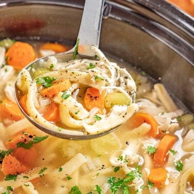 A ladle of chicken noodle soup from a slow cooker.