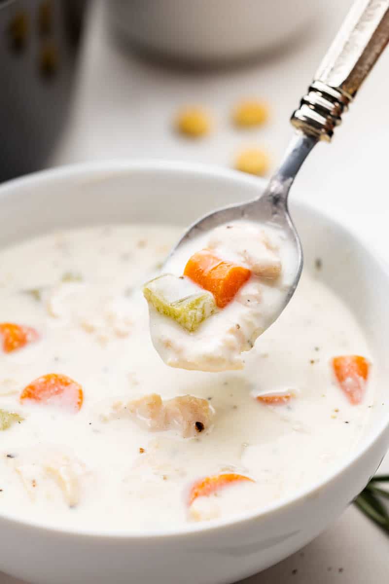 A spoonful of creamy chicken soup.